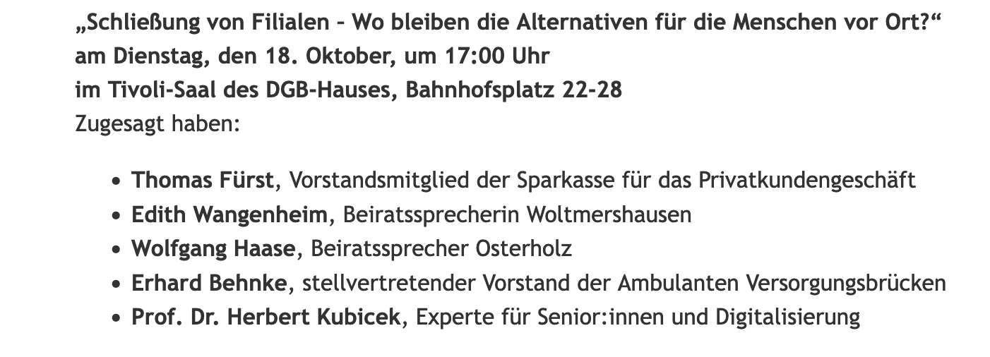 Einladungstext zur Veranstaltung der SPD AG Ü60 zur Podiumsdiksussion zur Schließung von Filialen der Sparkasse Bremen